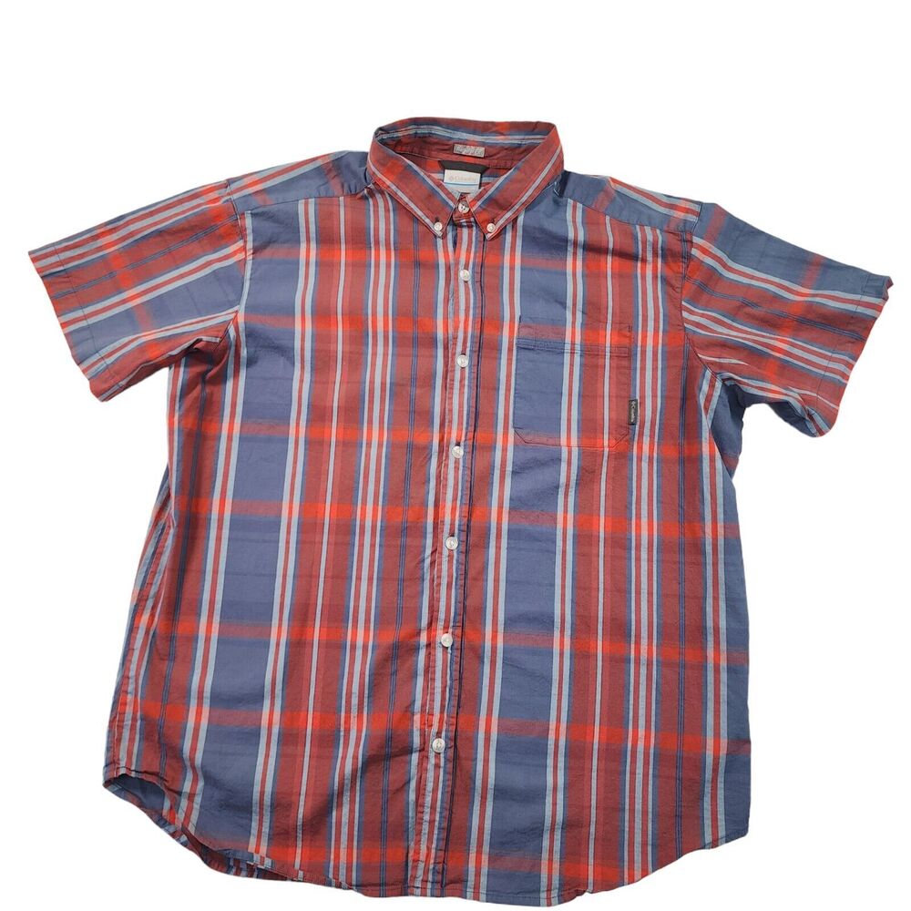 Columbia Regular Fit Short Sleeve Shirt Mens XL Red and Blue Plaid Pocket